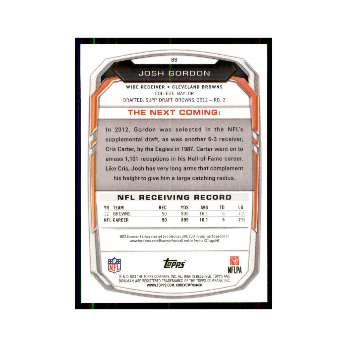 2013 Bowman Josh Gordon Football Cards #86