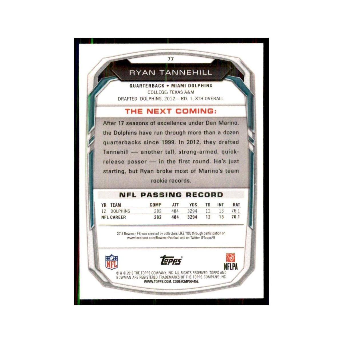 2013 Bowman Ryan Tannehill Football Cards #77