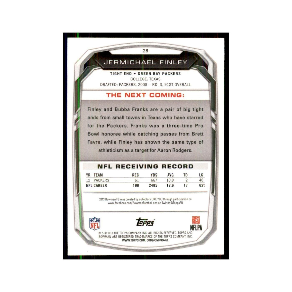 2013 Bowman Jermichael Finley Football Cards #28