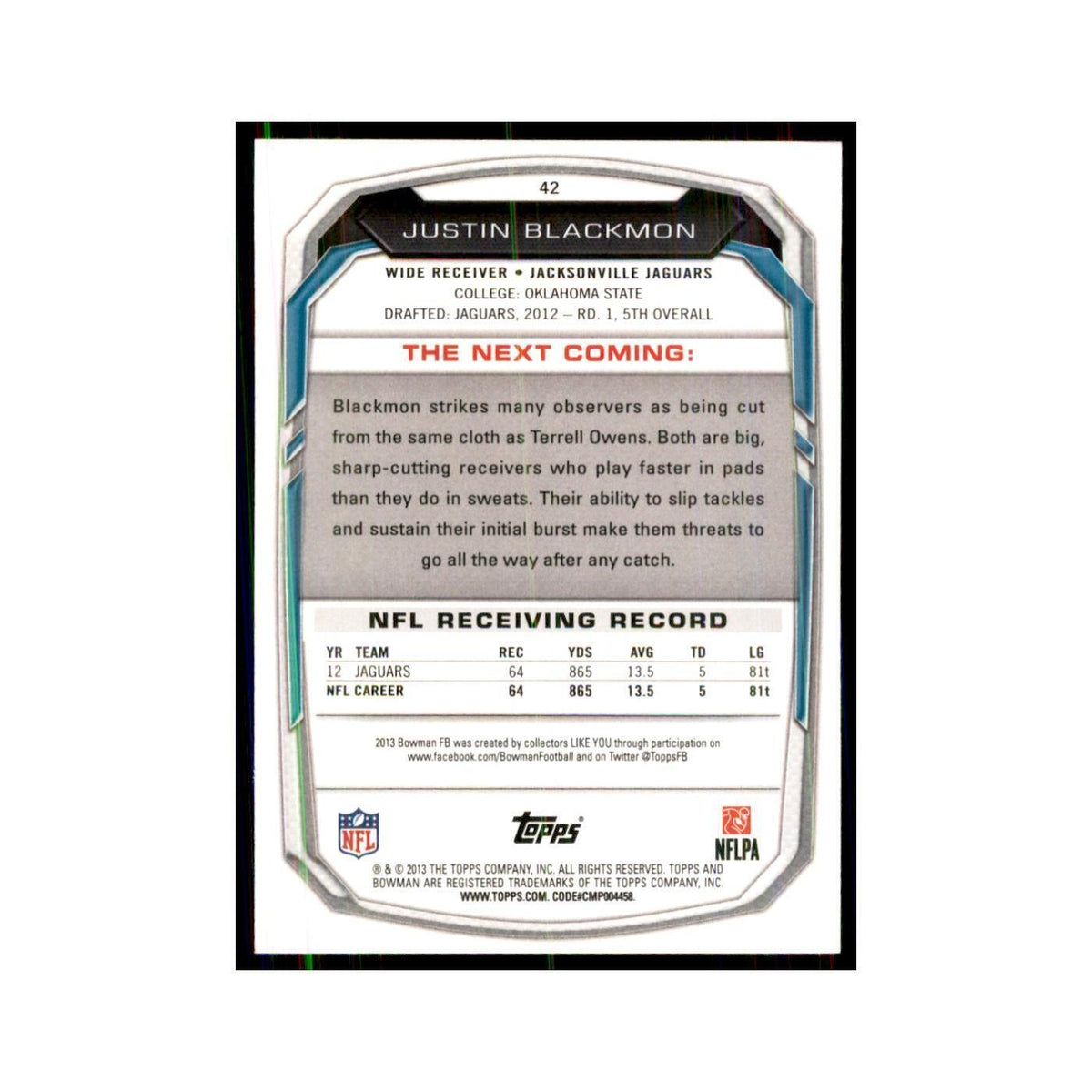 2013 Bowman Justin Blackmon #42