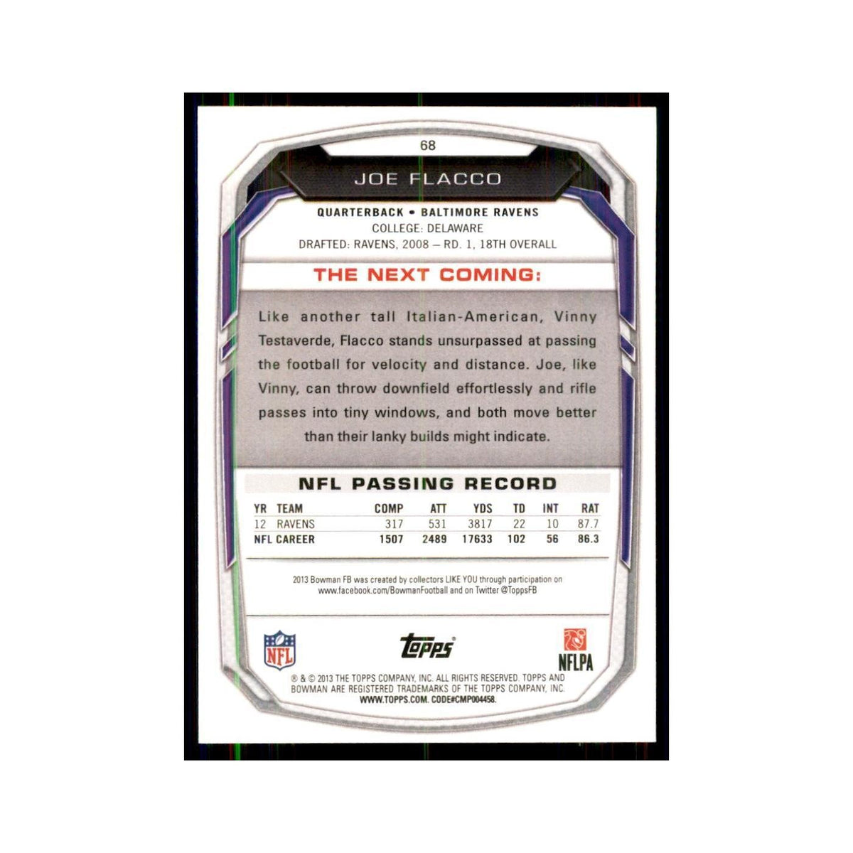 2013 Bowman Joe Flacco Football Cards #68
