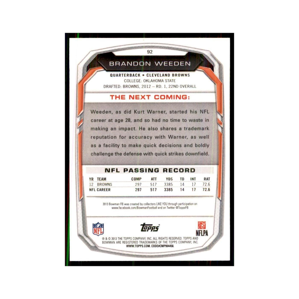 2013 Bowman Brandon Weeden Football Cards #92