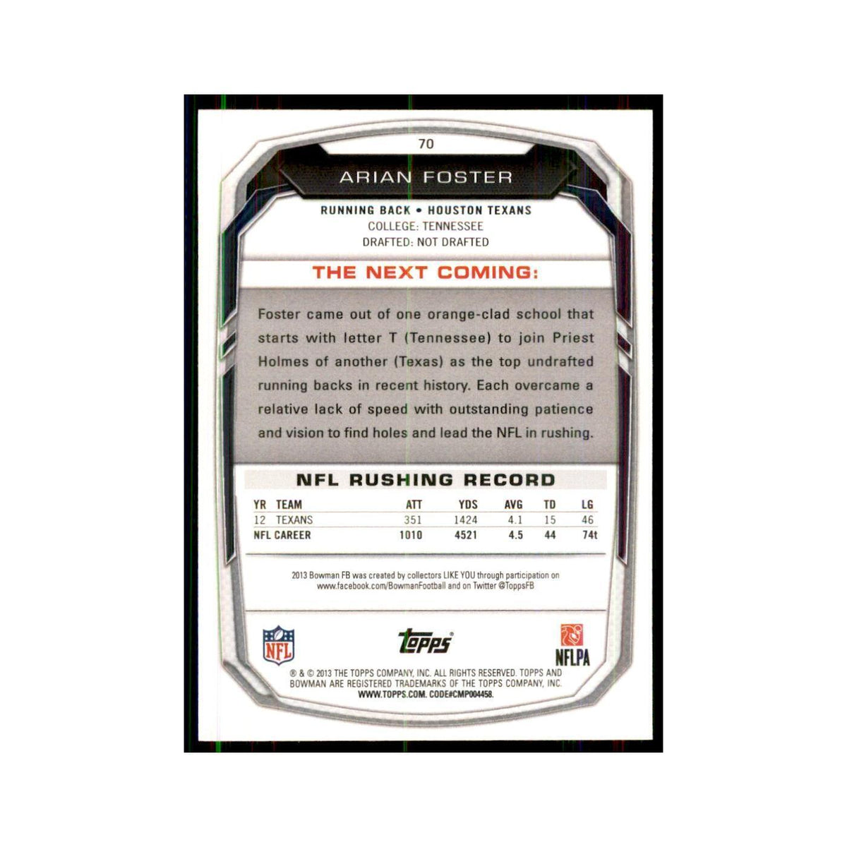 2013 Bowman Arian Foster #70