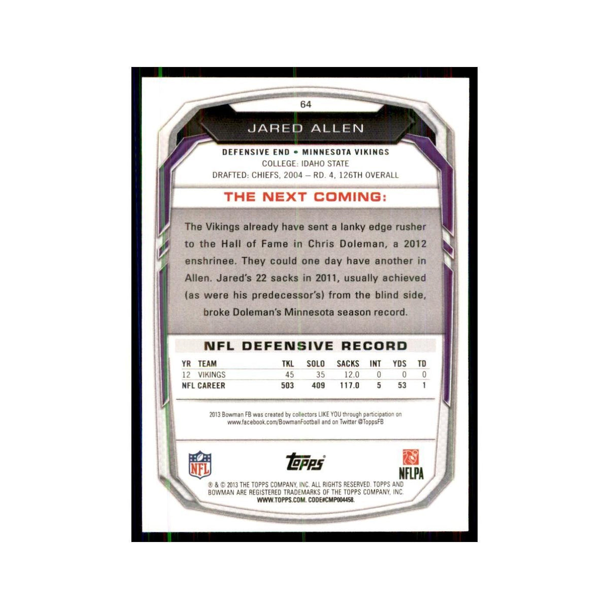 2013 Bowman Jared Allen Football Cards #64