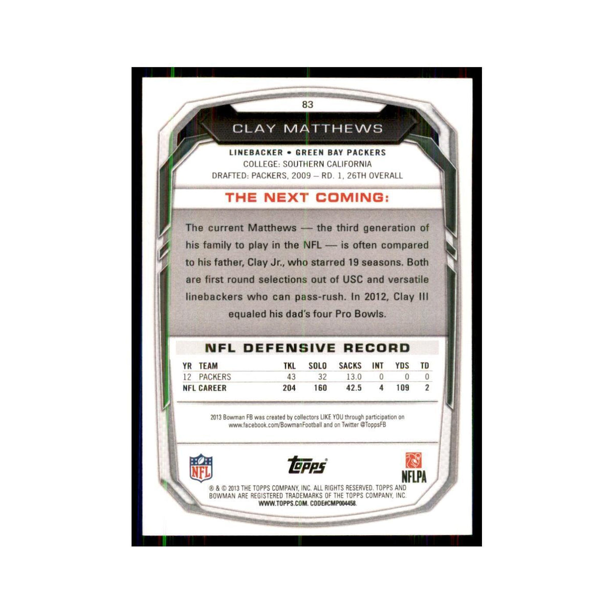 2013 Bowman Clay Matthews #83