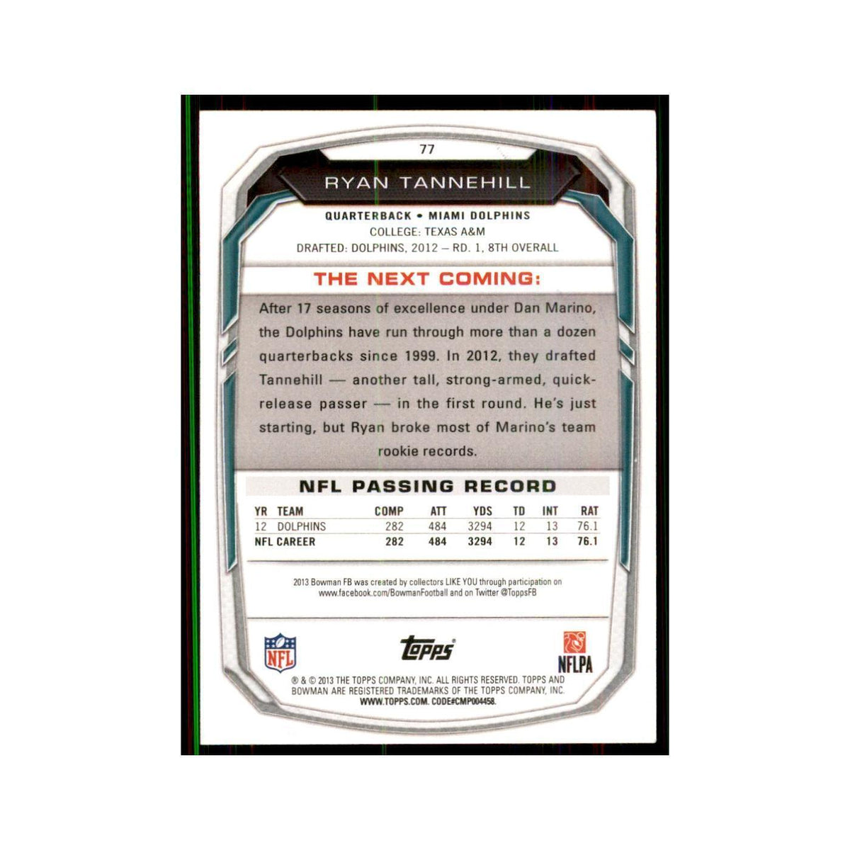 2013 Bowman Ryan Tannehill Football Cards #77