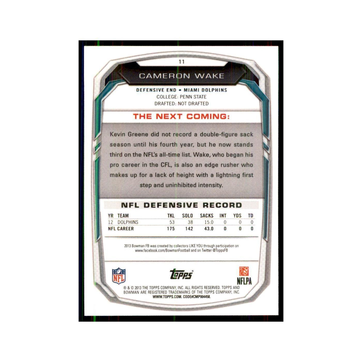 2013 Bowman Cameron Wake Football Cards #11