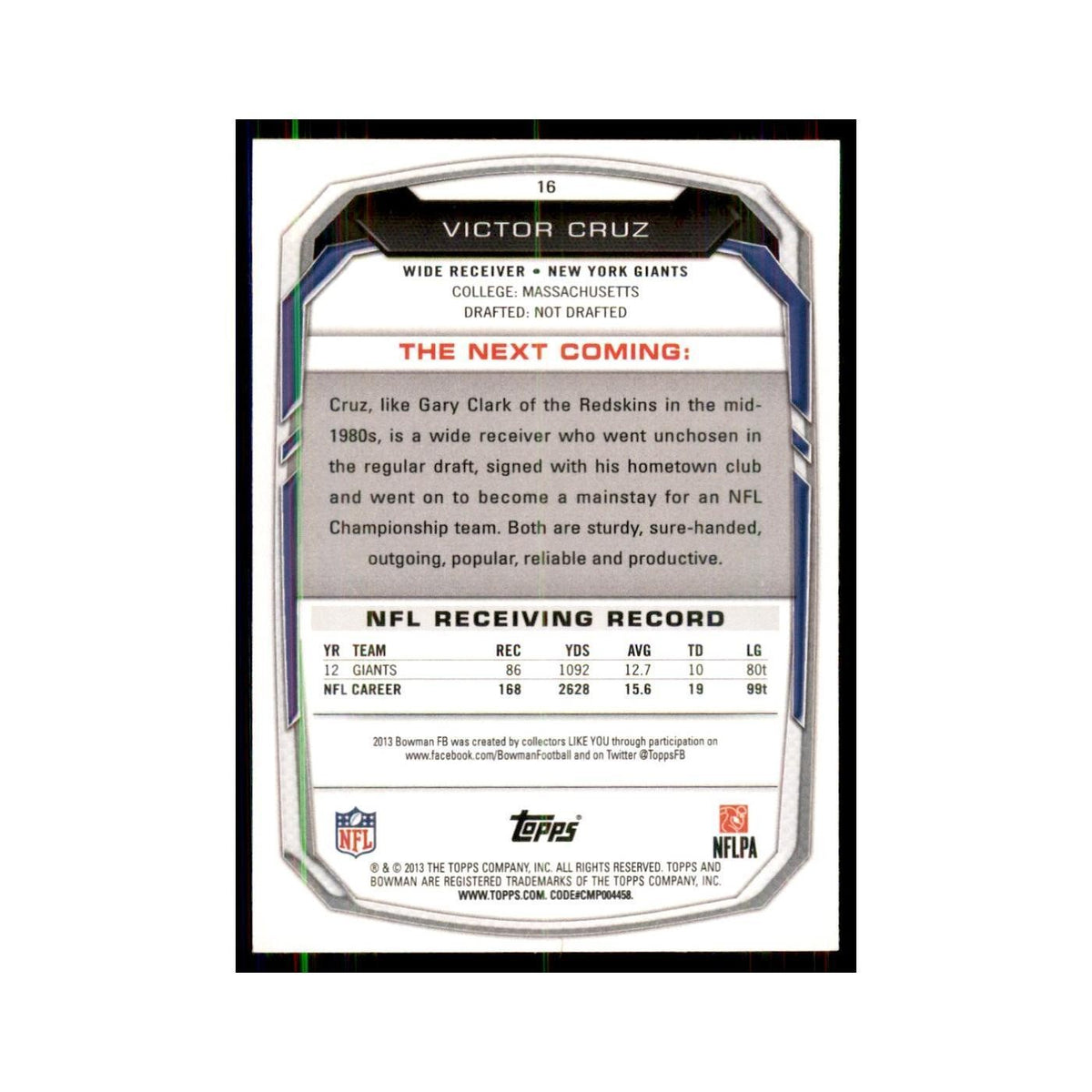 2013 Bowman Victor Cruz Football Cards #16