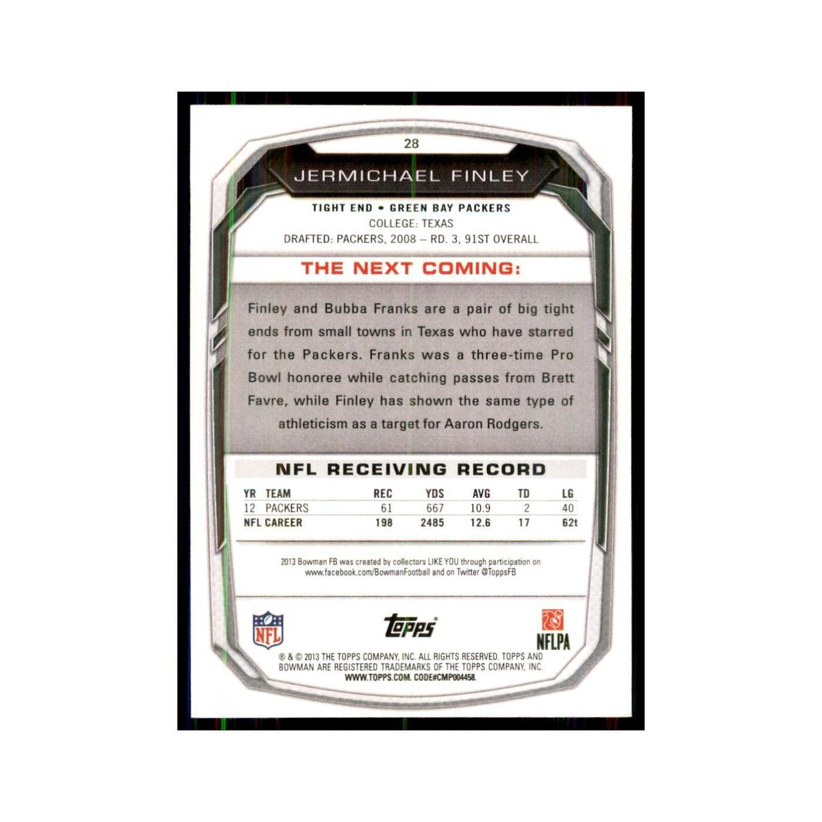 2013 Bowman Jermichael Finley Football Cards #28