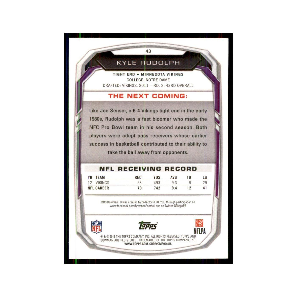 2013 Bowman Kyle Rudolph #43