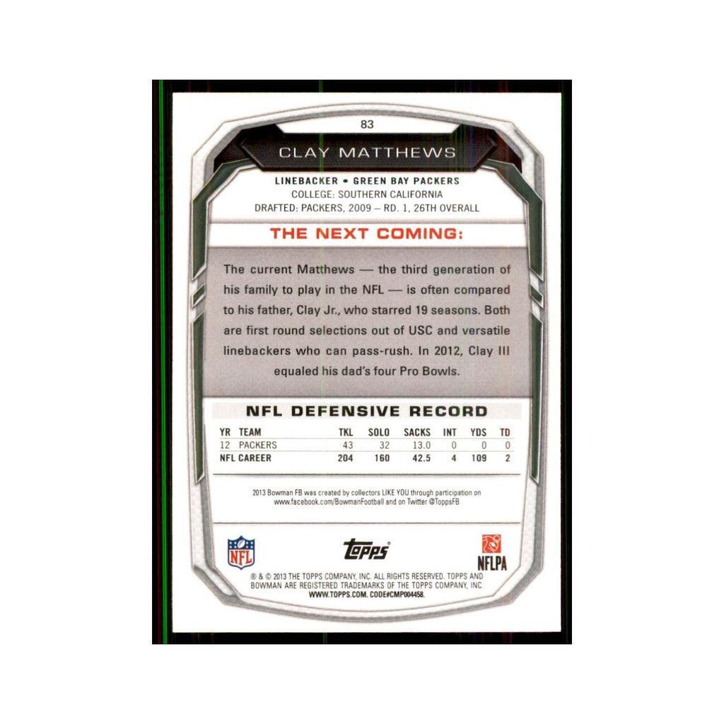 2013 Bowman Clay Matthews Football Cards #83