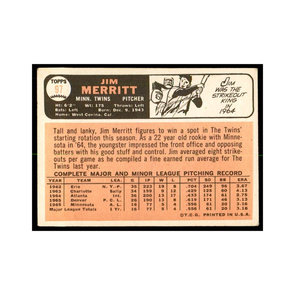 1966 Topps (damaged) Jim Merritt Baseball Cards #97