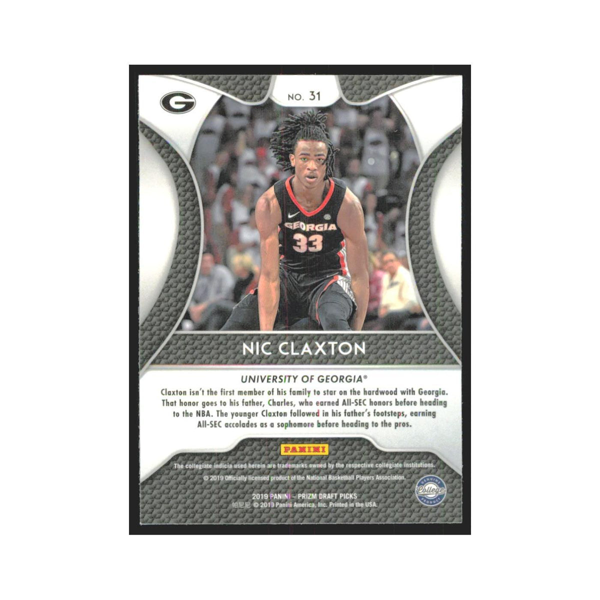 2019 Panini Prizm Draft Nicolas Claxton RC Georgia Bulldogs #31