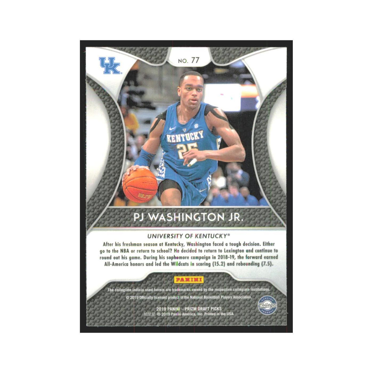 2019 Panini Prizm Draft PJ Washington Jr. RC Kentucky Wildcats #77