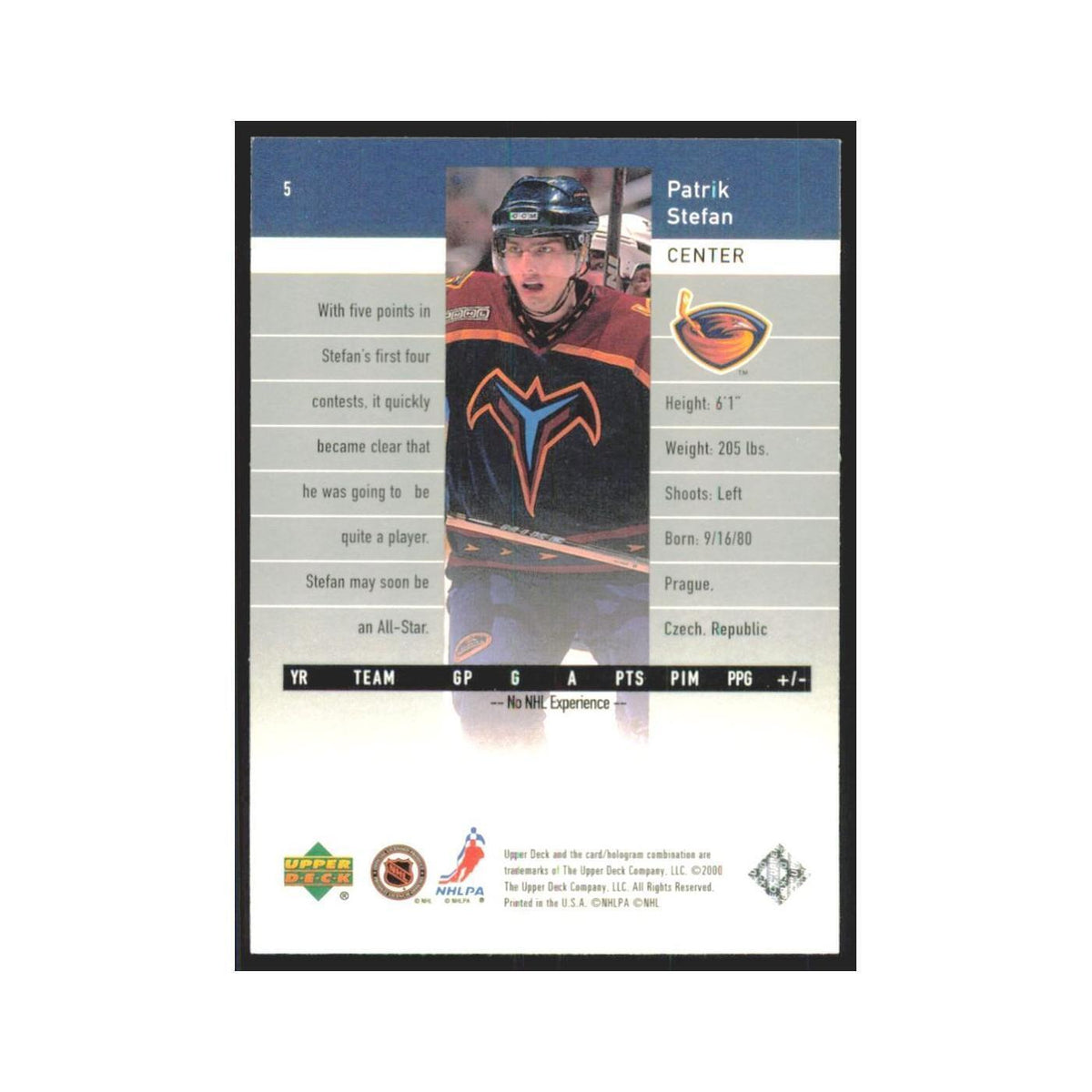Patrik Stefan 1999 Upper Deck Black Diamond #5 Atlanta Thrashers Hockey Card NM
