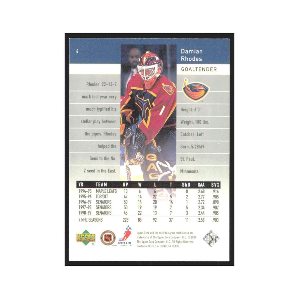 Damian Rhodes 1999 Upper Deck Black Diamond #4 Atlanta Thrashers Hockey Card NM