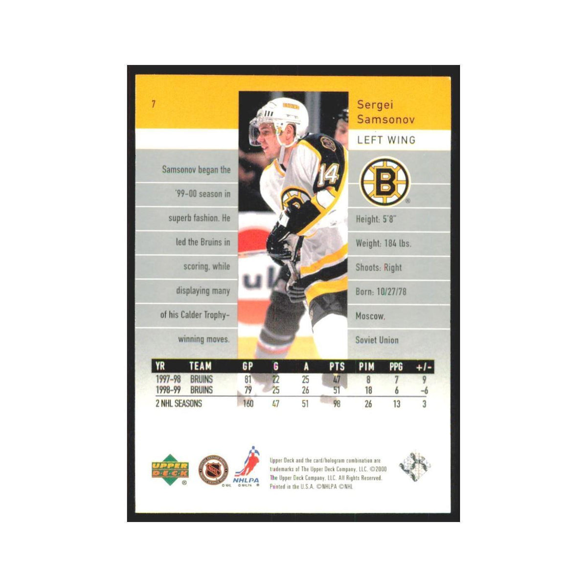 Sergei Samsonov 1999 Upper Deck Black Diamond #7 Boston Bruins Hockey Card NM