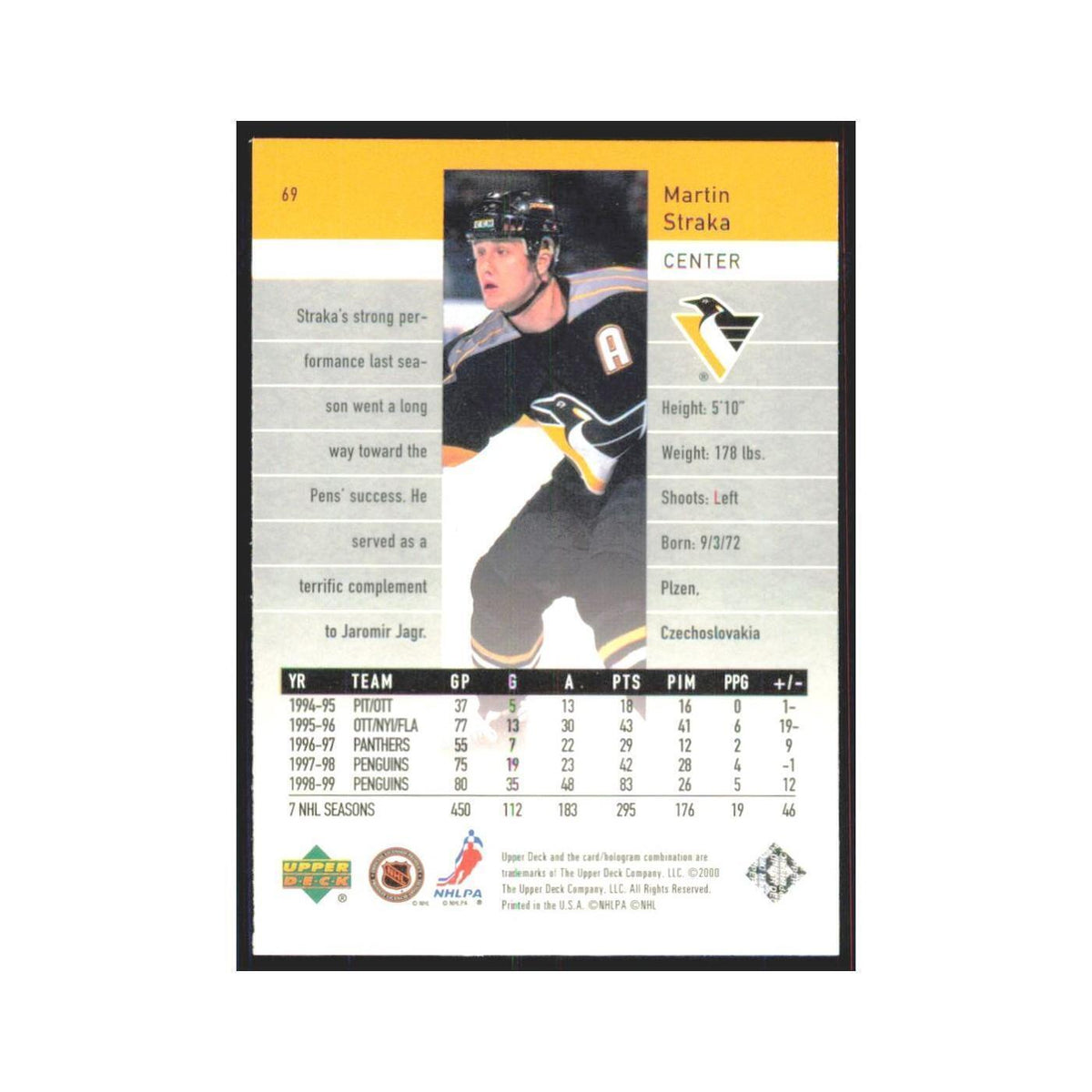 Martin Straka 1999 Upper Deck Black Diamond #69 Pittsburgh Penguins NM