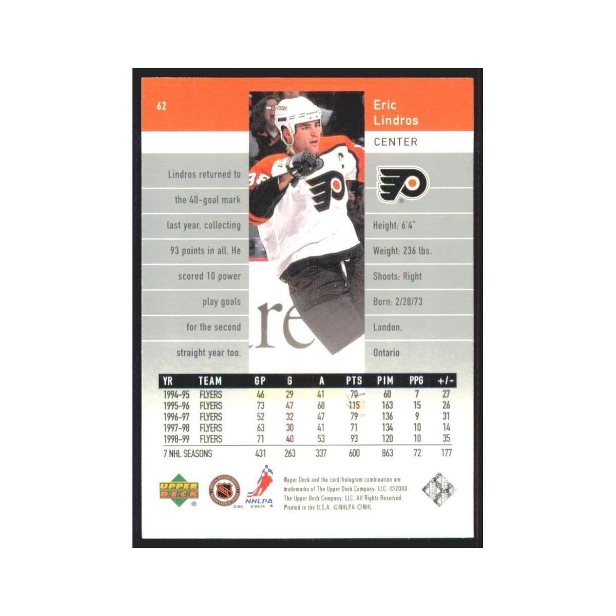 Eric Lindros 1999 Upper Deck Black Diamond #62 Philadelphia Flyers NM