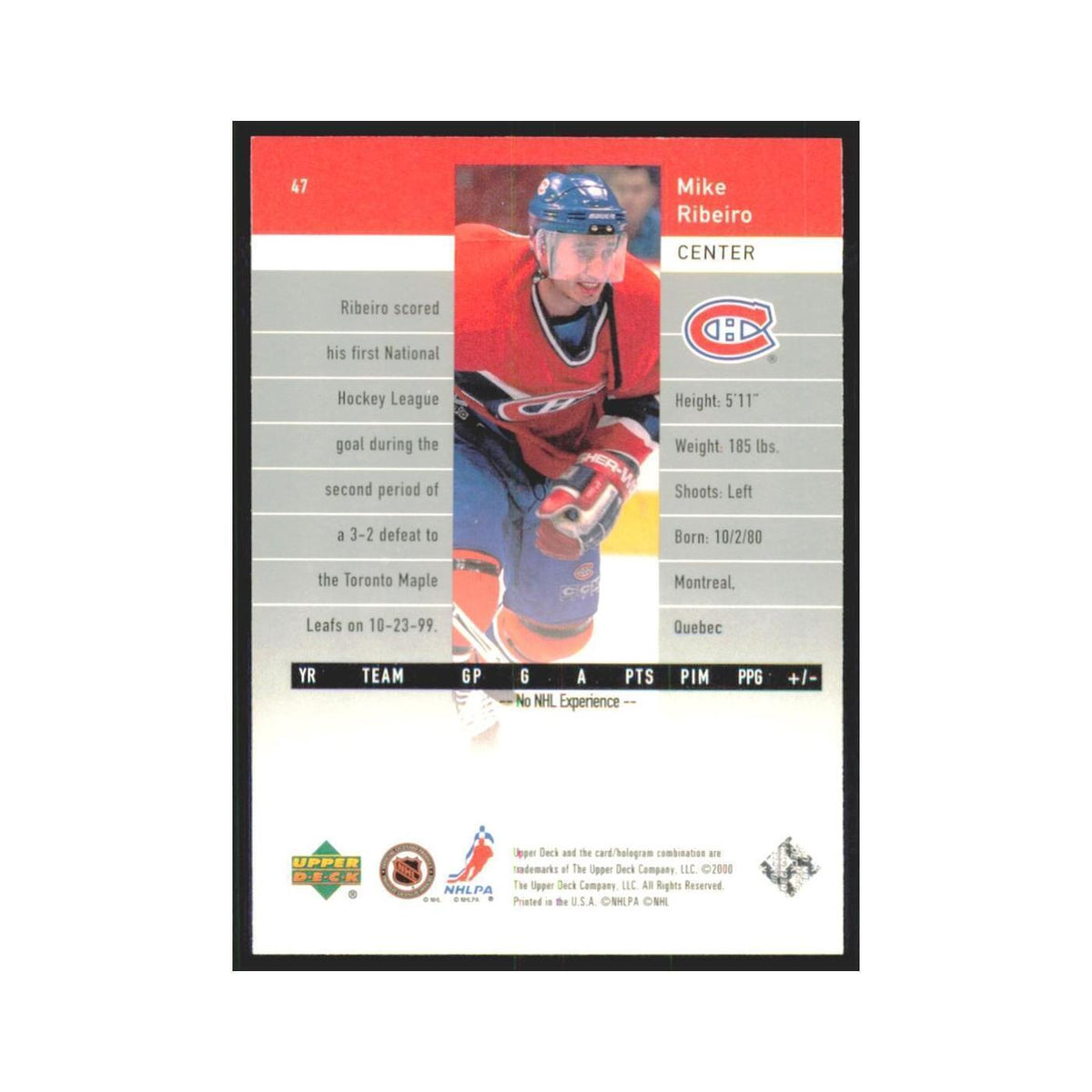 Mike Ribeiro 1999 Upper Deck Black Diamond #47 Montreal Canadiens Hockey Card NM