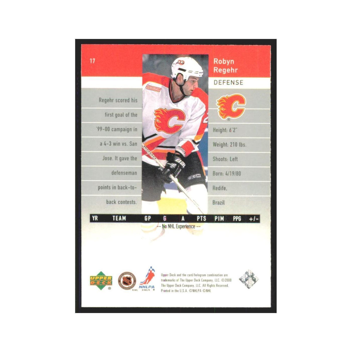 Robyn Regehr 1999 Upper Deck Black Diamond #17 Calgary Flames Hockey Card NM