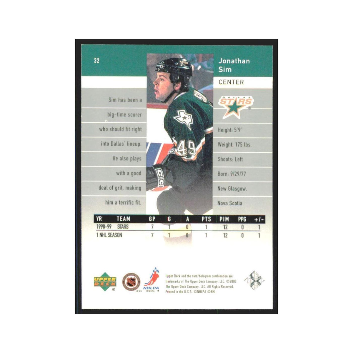 Jonathan Sim 1999 Upper Deck Black Diamond #32 Dallas Stars Hockey Card NM