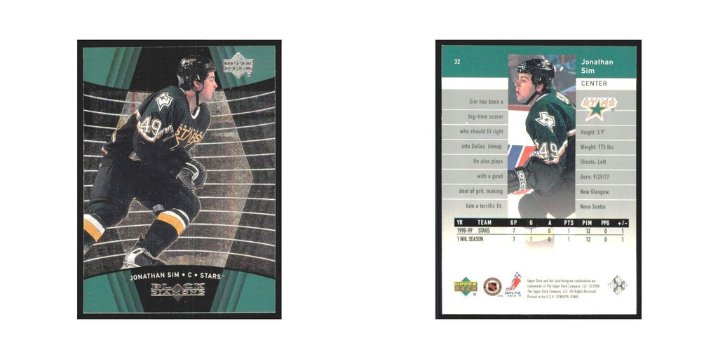 Jonathan Sim 1999 Upper Deck Black Diamond #32 Dallas Stars Hockey Card NM