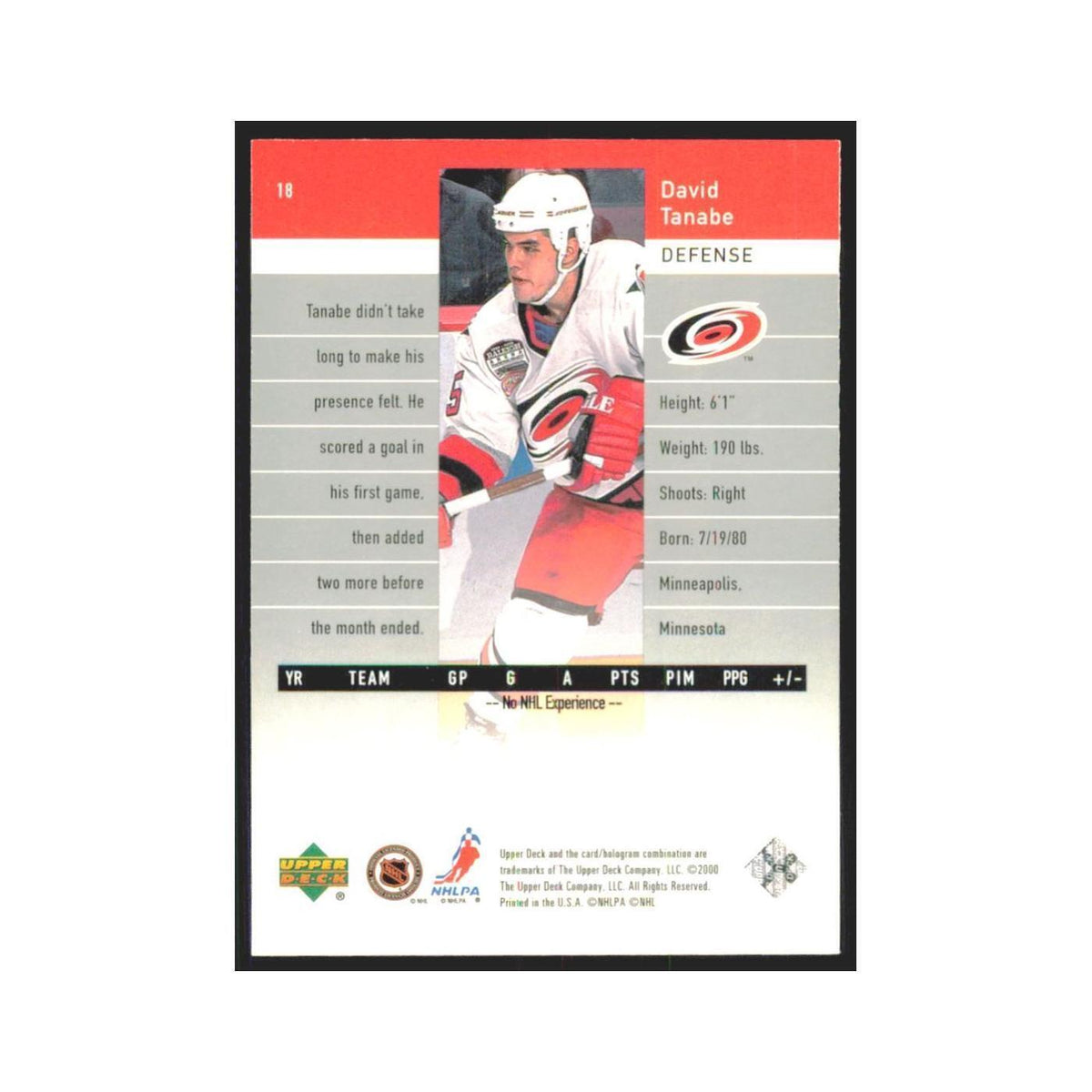 David Tanabe 1999 Upper Deck Black Diamond #18 Carolina Hurricanes NM