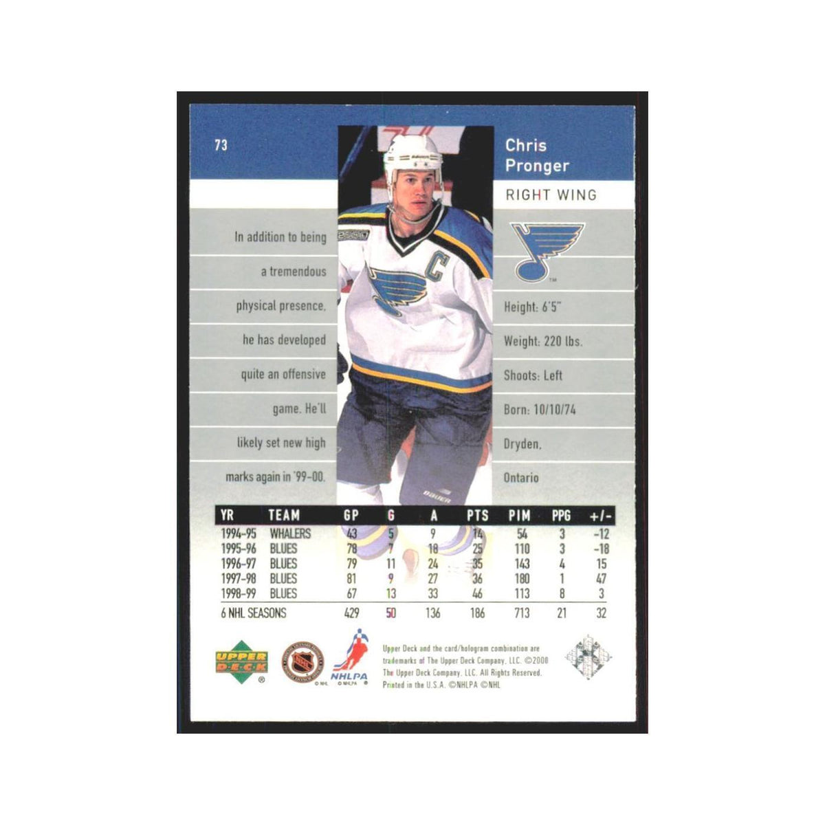Chris Pronger 1999 Upper Deck Black Diamond #73 St. Louis Blues Hockey Card NM