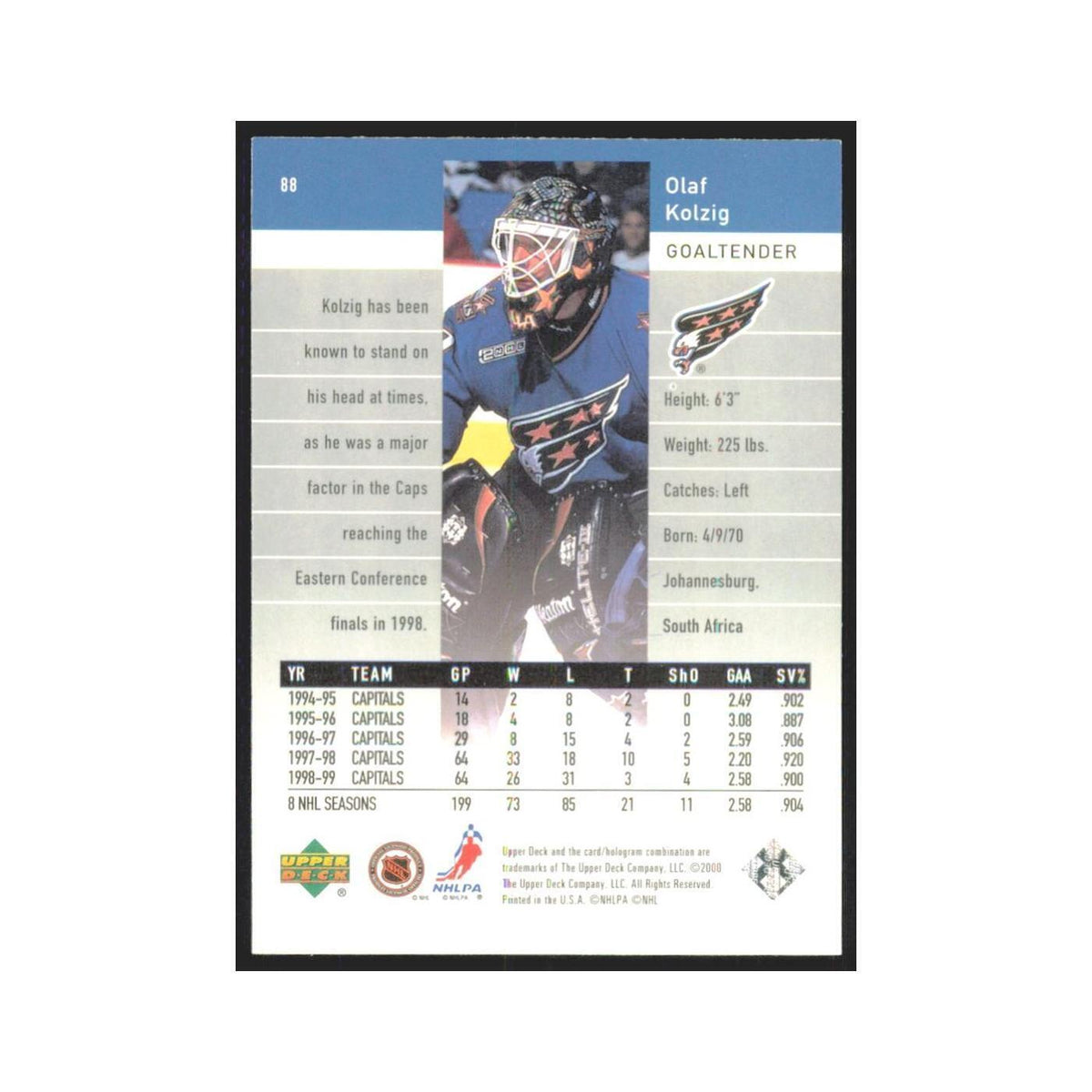 Olaf Kolzig 1999 Upper Deck Black Diamond #88 Washington Capitals Hockey Card NM