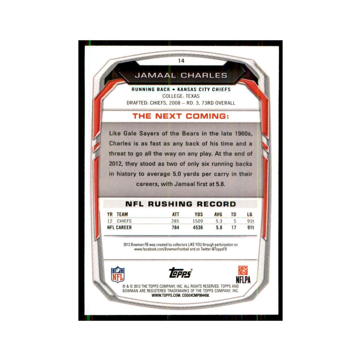 2013 Bowman Foil Jamaal Charles Football Cards #14