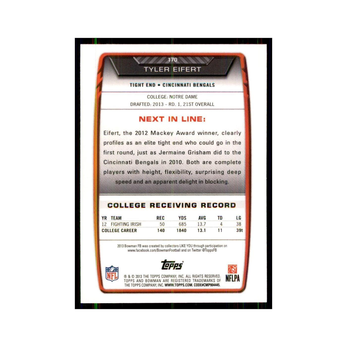2013 Bowman Foil Tyler Eifert #170