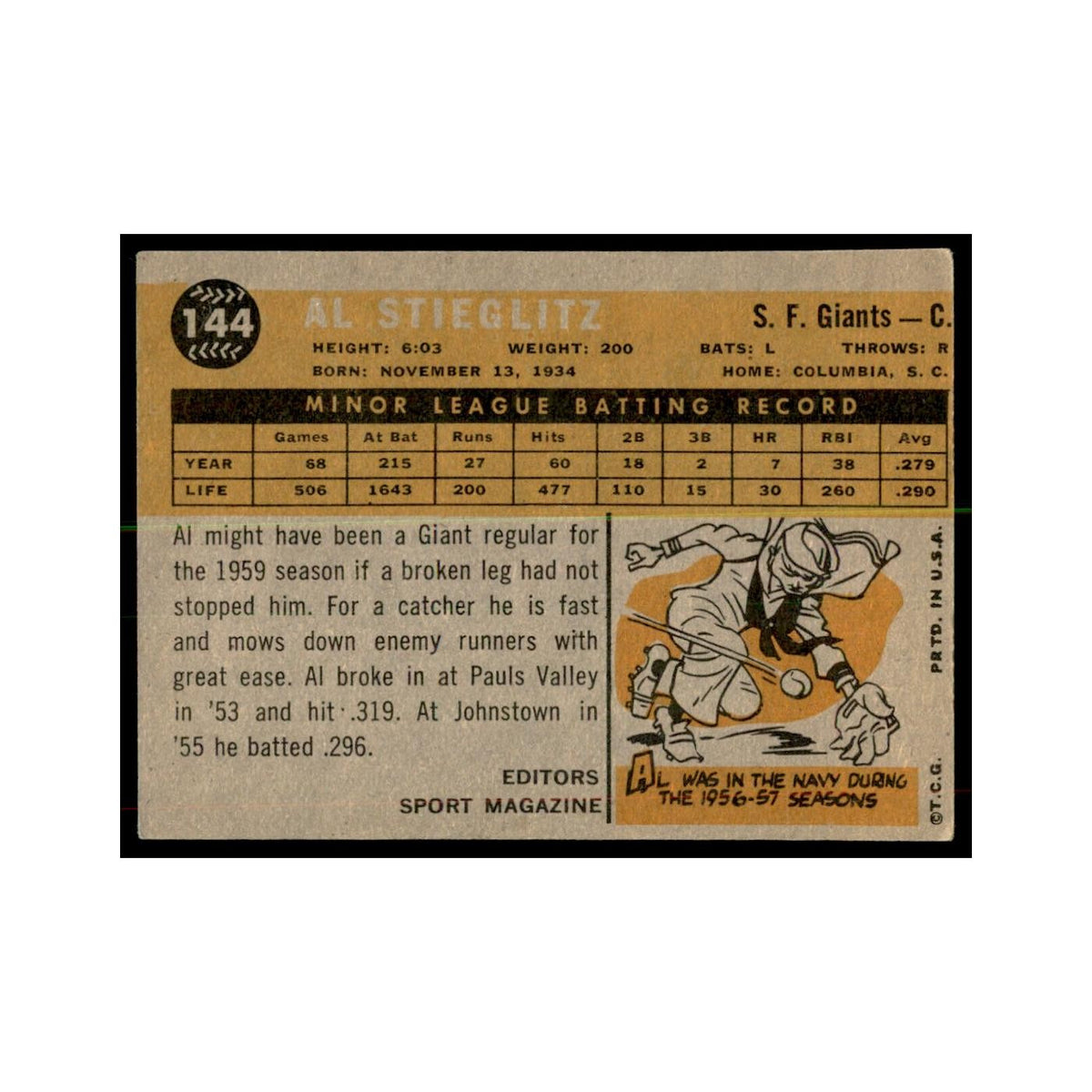 1960 Topps Al Stieglitz RC Baseball Cards #144