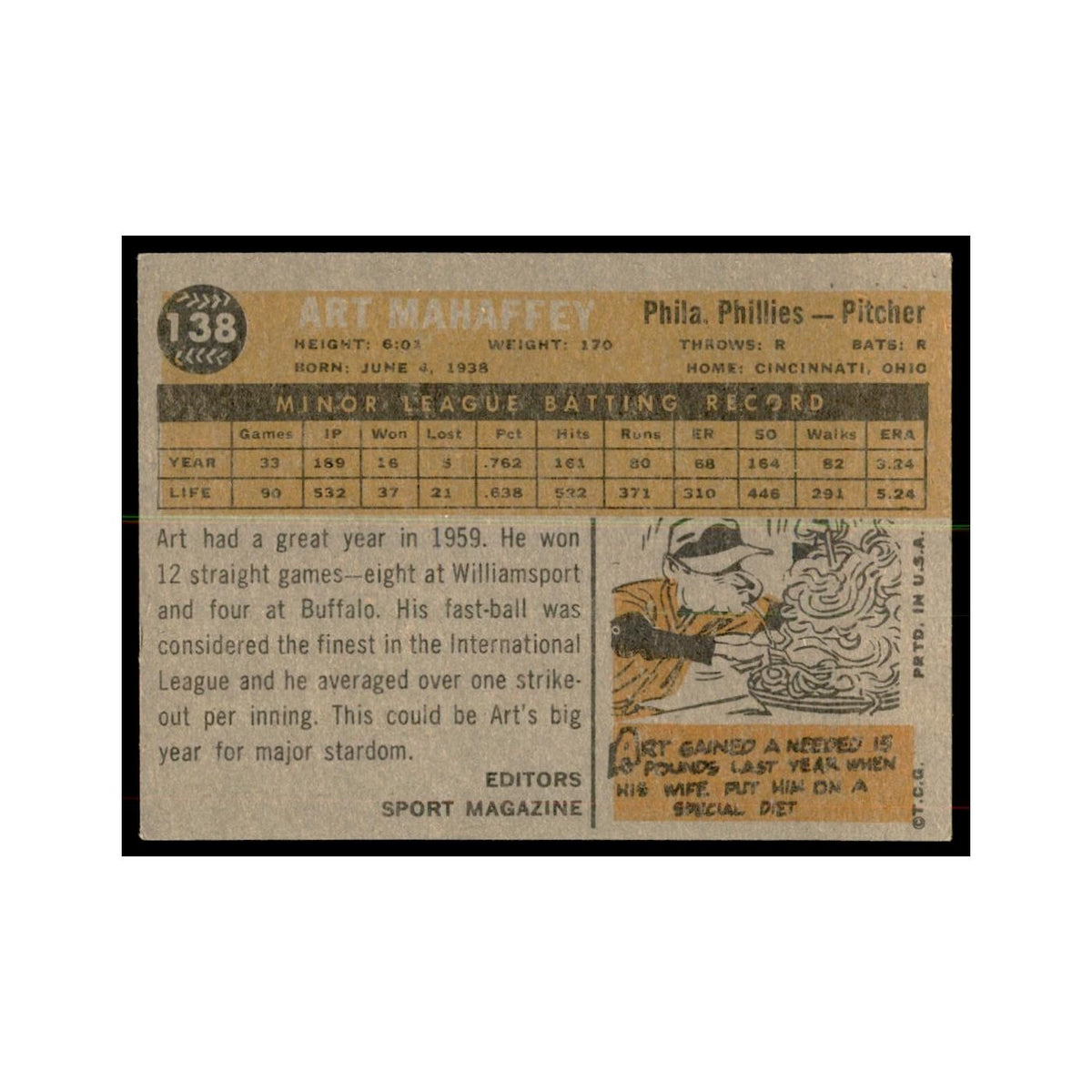 1960 Topps Art Mahaffey RC Baseball Cards #138