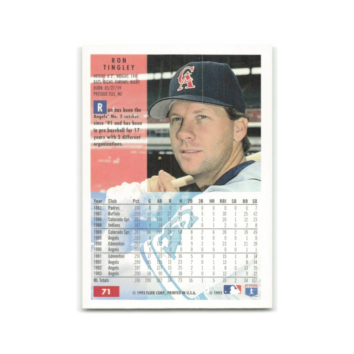 Ron Tingley 1994 Fleer #71 California Angels Baseball Card NM
