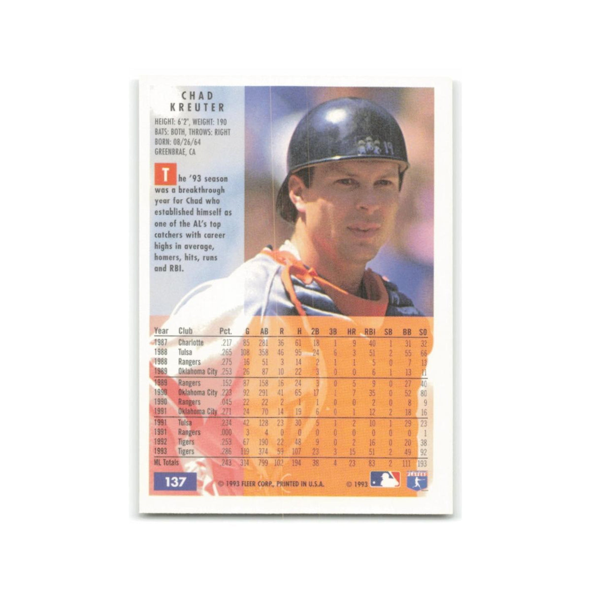 Chad Kreuter 1994 Fleer #137 Detroit Tigers Baseball Card NM