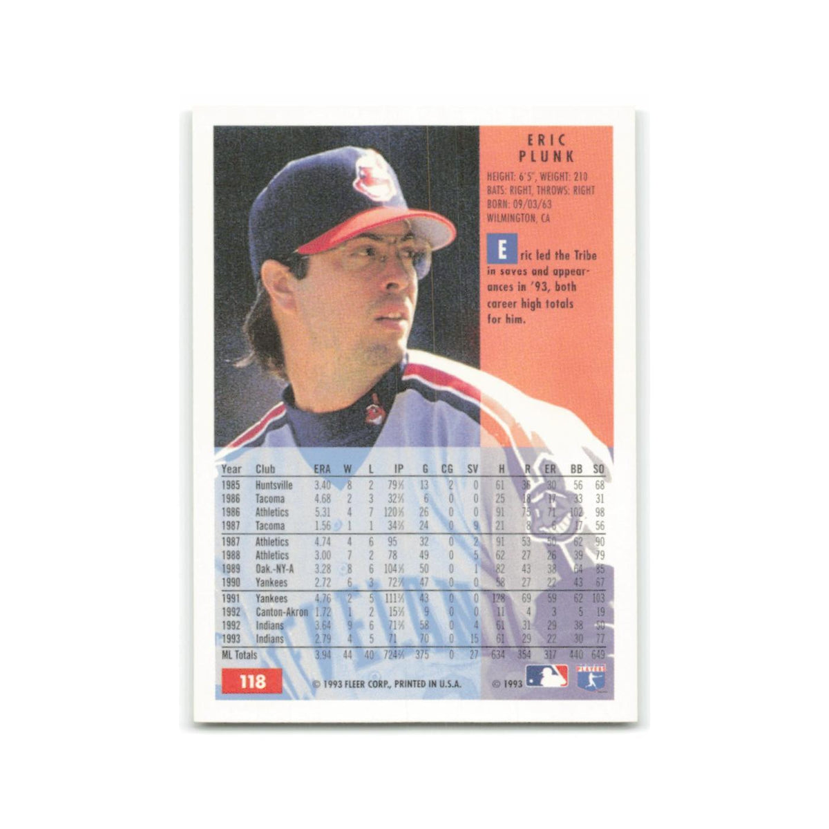 Eric Plunk 1994 Fleer #118 Cleveland Indians Baseball Card NM