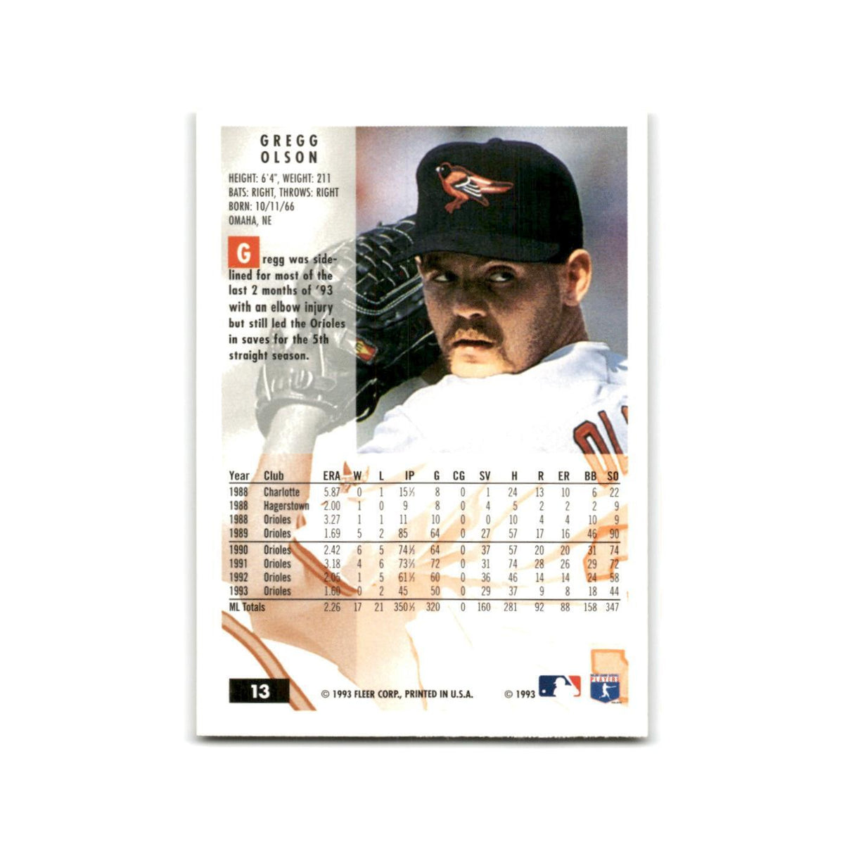 Gregg Olson 1994 Fleer #13 Baltimore Orioles Baseball Card NM
