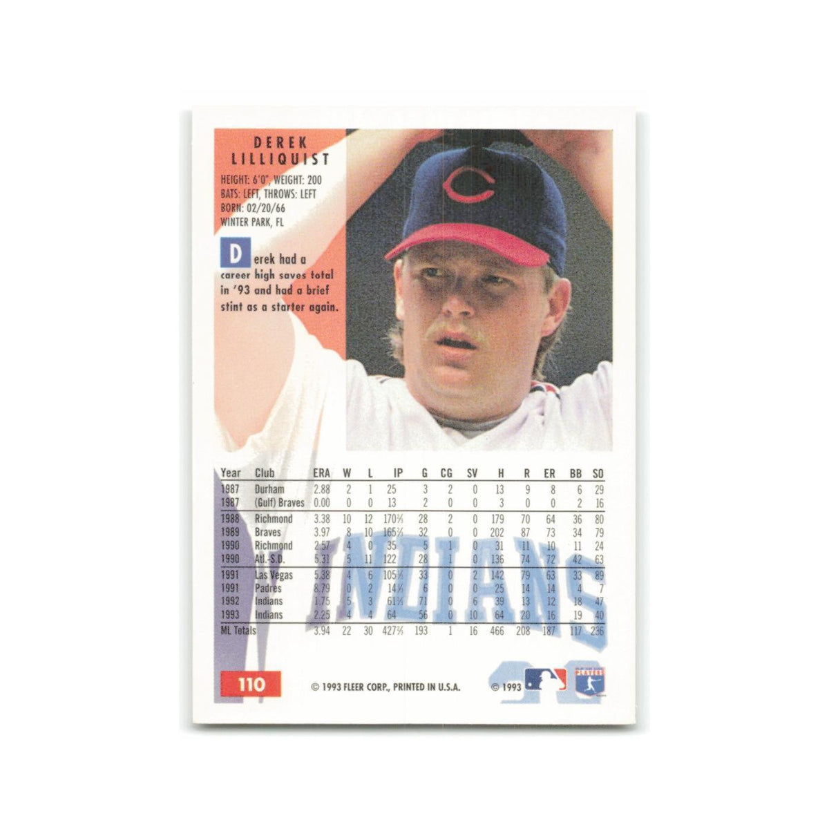 Derek Lilliquist 1994 Fleer #110 Cleveland Indians Baseball Card NM