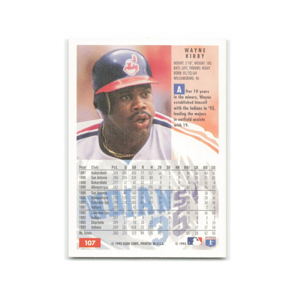 Wayne Kirby 1994 Fleer #107 Cleveland Indians Baseball Card NM