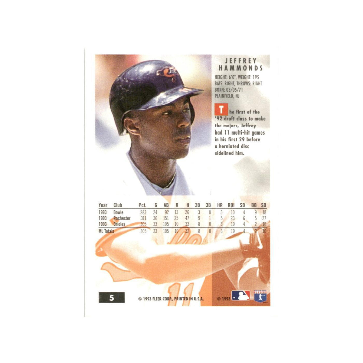 Jeffrey Hammonds 1994 Fleer #5 Baltimore Orioles Baseball Card NM