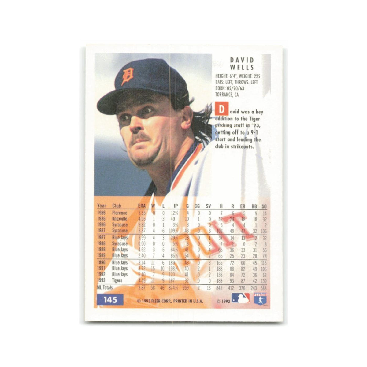 David Wells 1994 Fleer #145 Detroit Tigers Baseball Card NM
