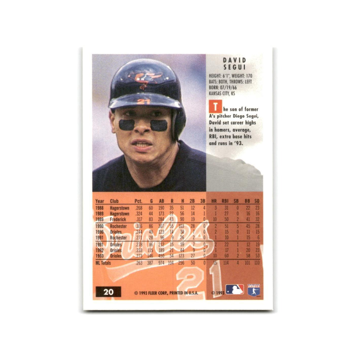 David Segui 1994 Fleer #20 Baltimore Orioles Baseball Card NM