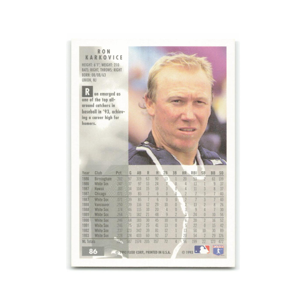 Ron Karkovice 1994 Fleer #86 Chicago White Sox Baseball Card NM