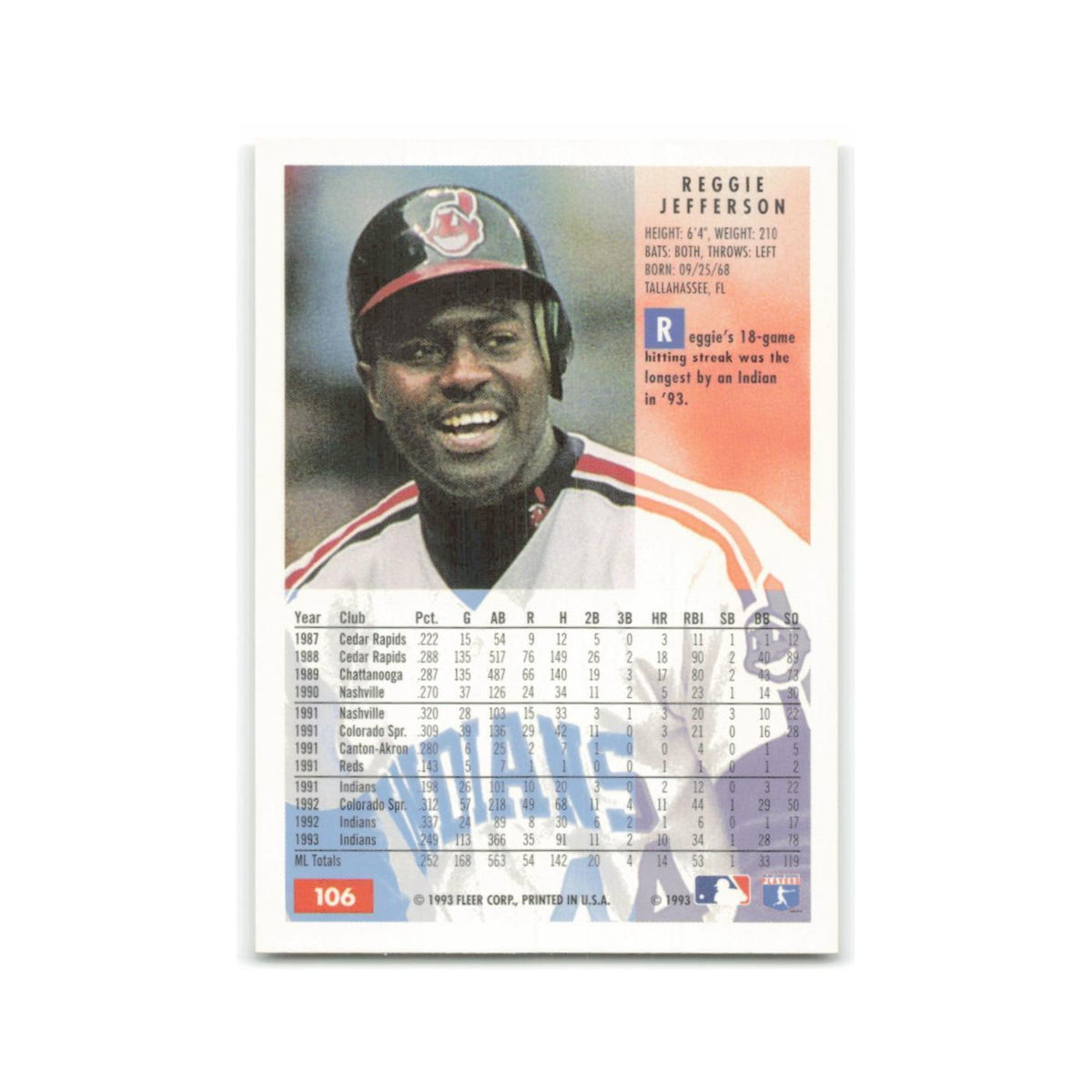 Reggie Jefferson 1994 Fleer #106 Cleveland Indians Baseball Card NM