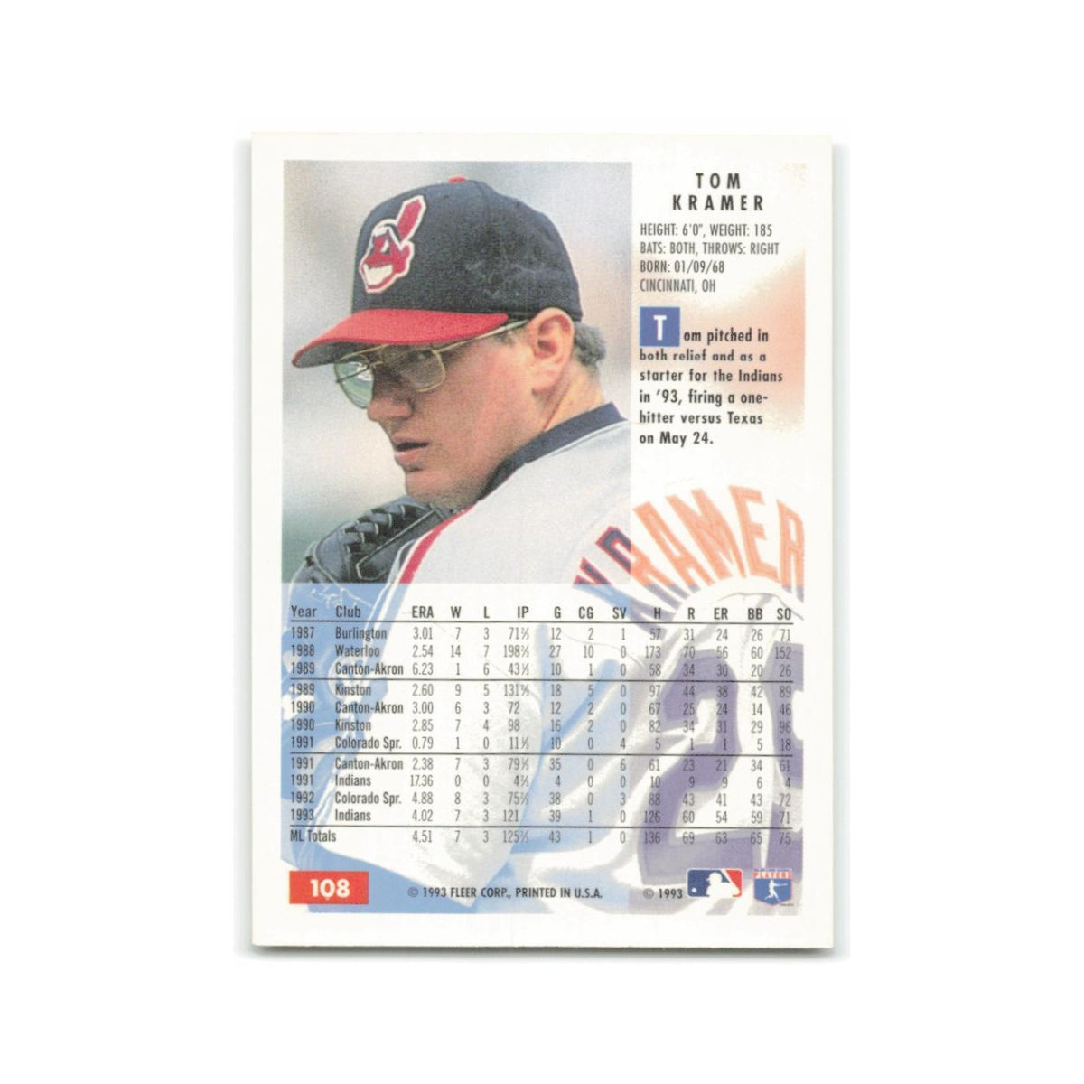 Tom Kramer 1994 Fleer #108 Cleveland Indians Baseball Card NM