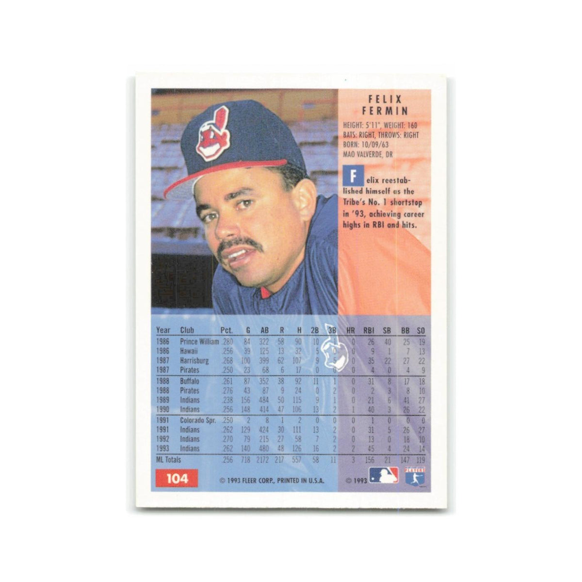 Felix Fermin 1994 Fleer #104 Cleveland Indians Baseball Card NM