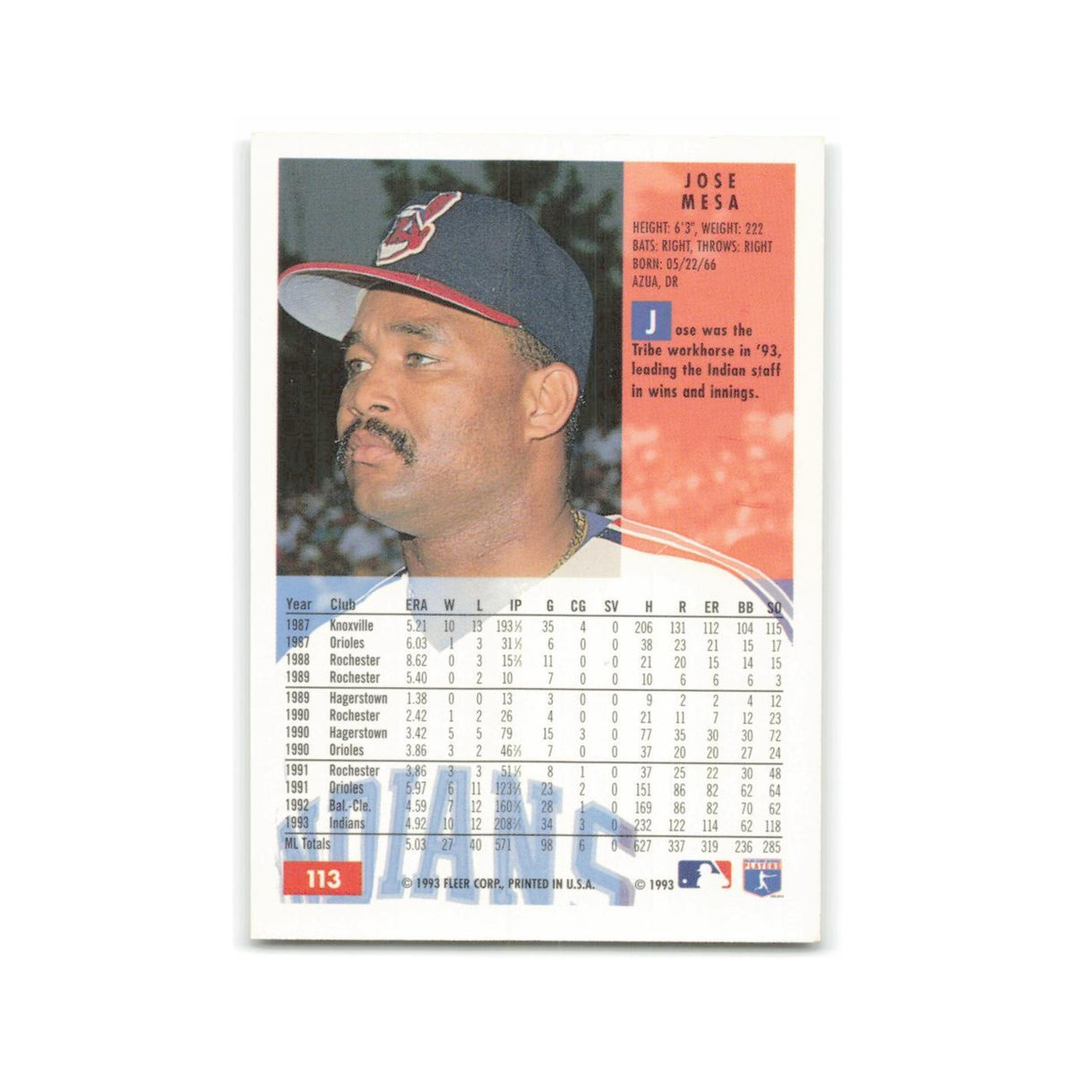 Jose Mesa 1994 Fleer #113 Cleveland Indians Baseball Card NM