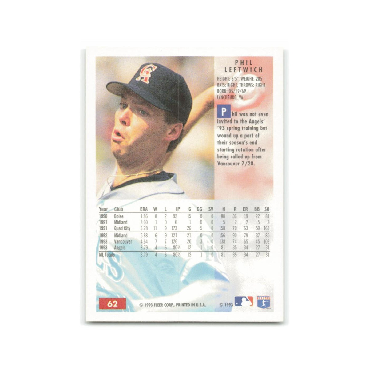 Phil Leftwich Rookie 1994 Fleer #62 California Angels Baseball Card NM