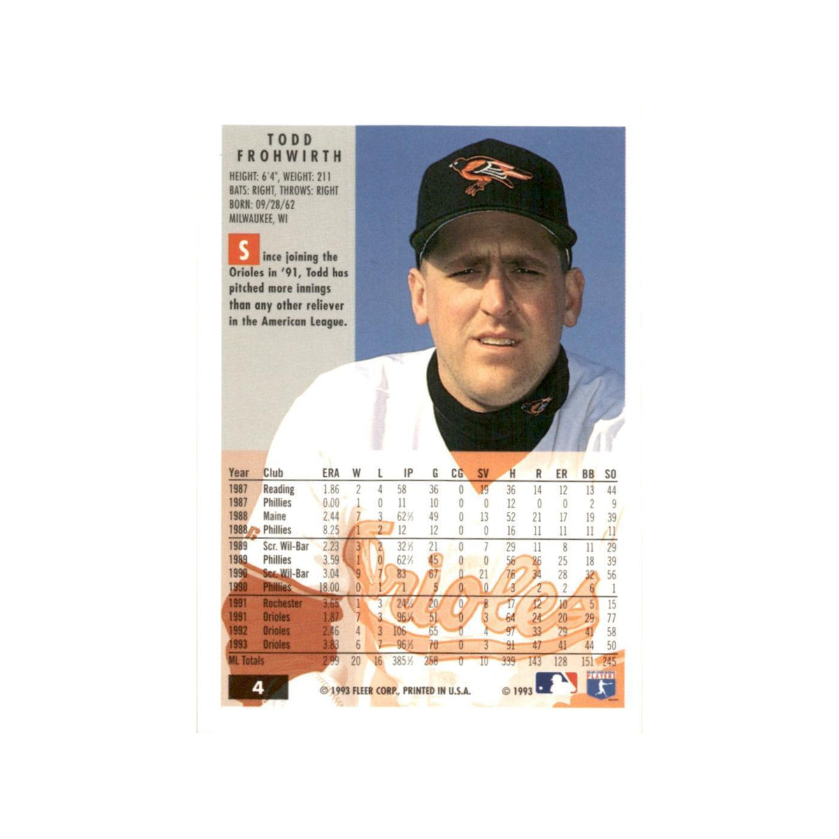 Todd Fronwirth 1994 Fleer #4 Baltimore Orioles Baseball Card NM